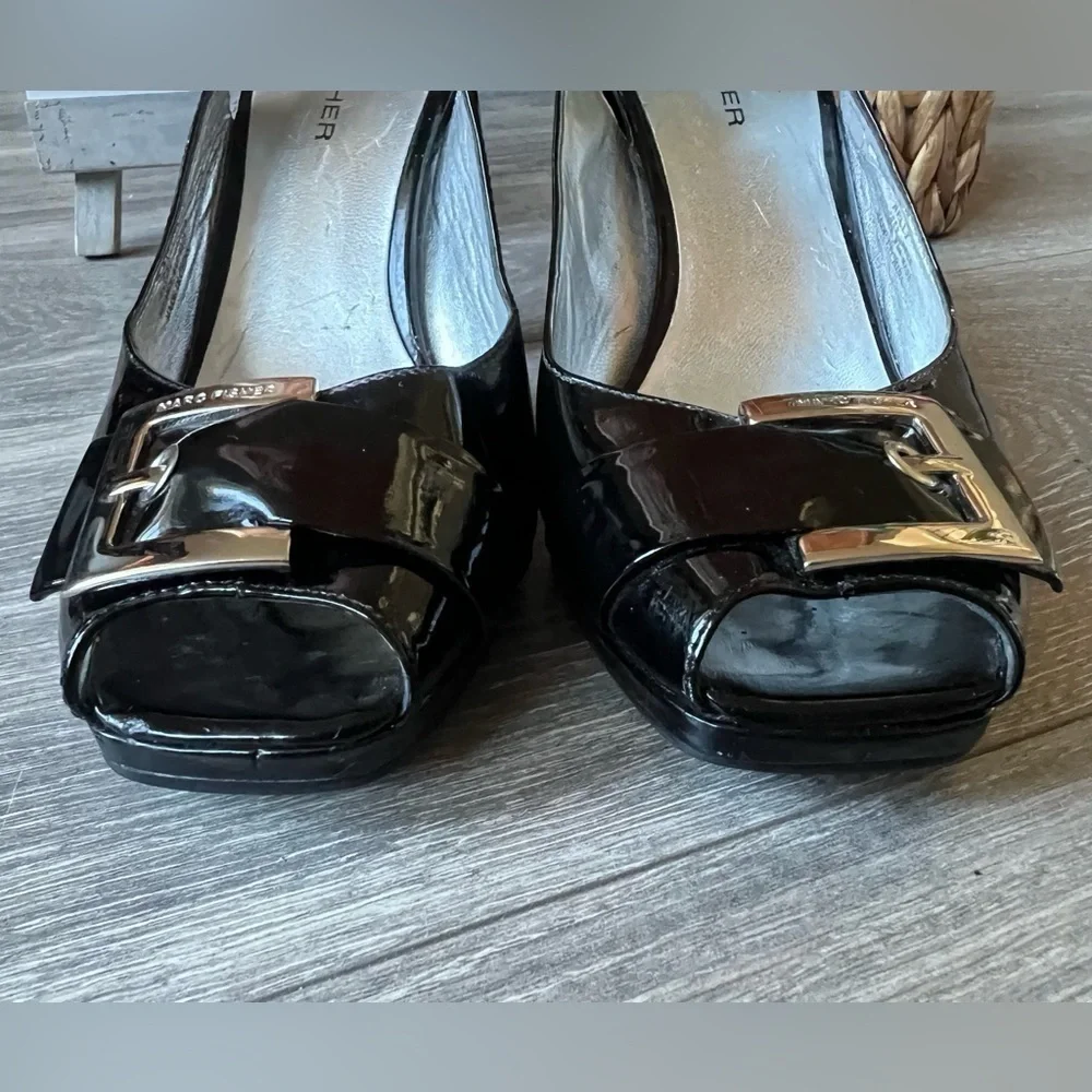 Marc fisher pilgrim buckle peep toe black patent slingback heel Size 7